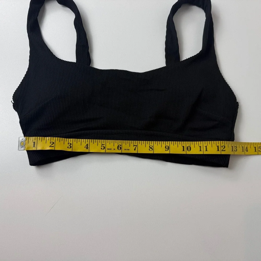 Aerie Womens Black Ribbed Sports Bra Square Neck Wide Strap Activewear Top